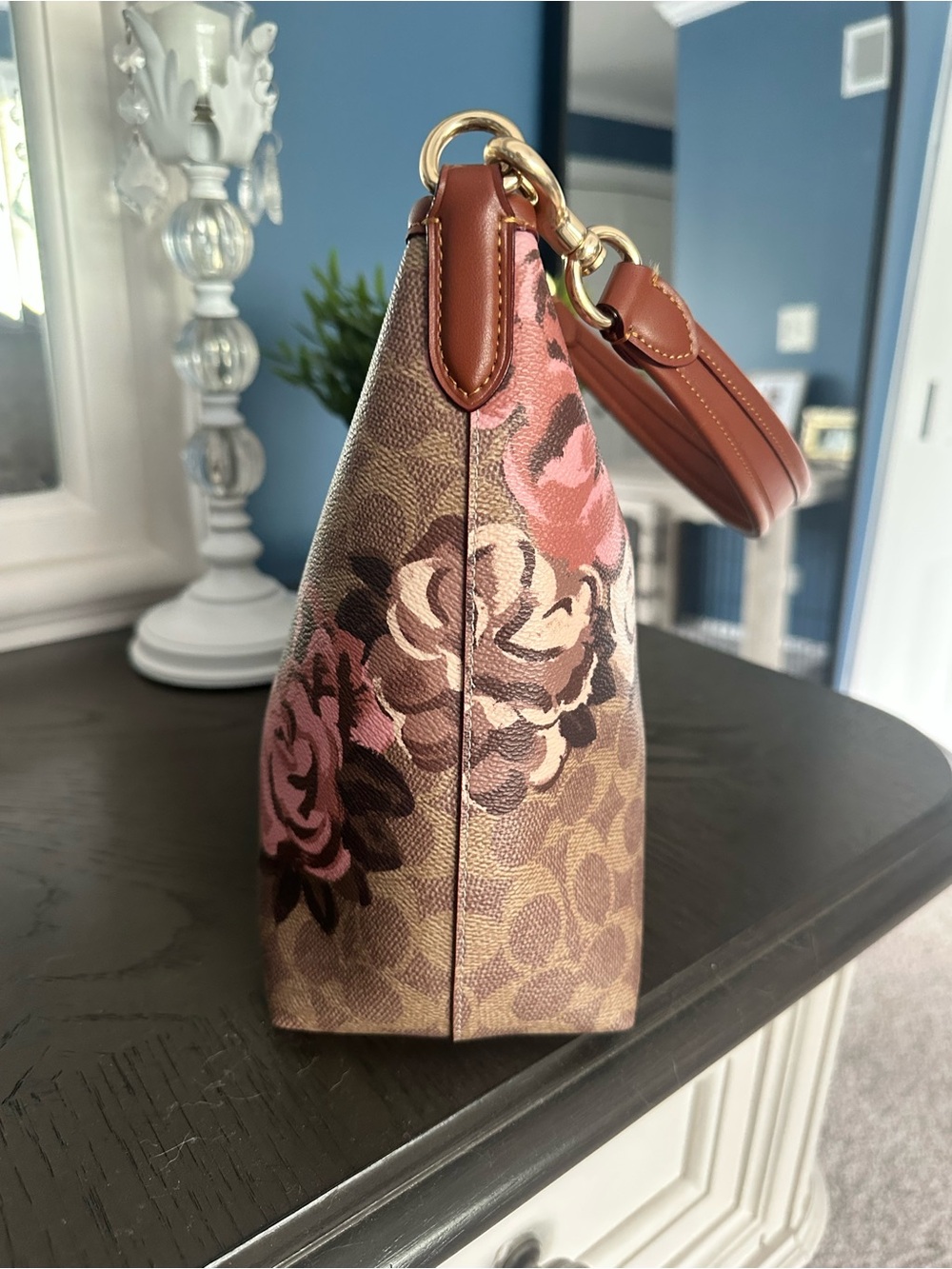 Coach Brown Signature Floral Laurel style Shoulder Bag with Pink Accents - Picture 2 of 9
